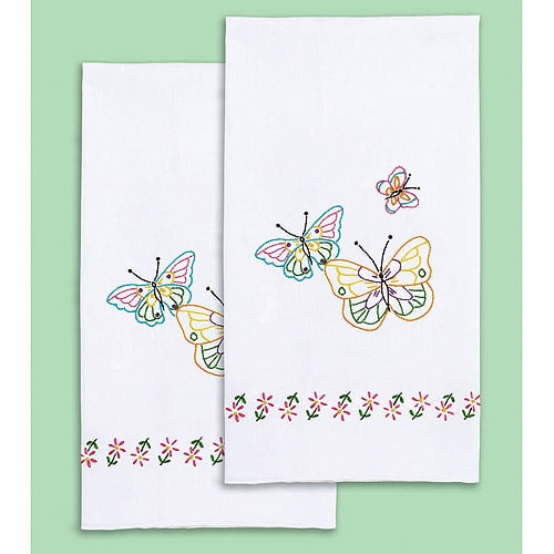 Bath Hand Face Towels White with Lovely Embroidered  Flowers & Butterflies 