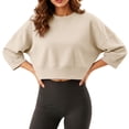 thumbnail image 4 of Staron Women's Crop Tops Crew Neck 3/4 Sleeve Loose Casual Short Sweatshirt Lightweight Drop Shoulder Pullover Top Beige XXL, 4 of 7