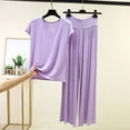 thumbnail image 2 of FengMoreActive Women's 2PC Pajamas Set V-Neck Tshirt And Wide Leg Pants Loose Sleepwear Suits Solid Color Casual Pajamas Sets, 2 of 5