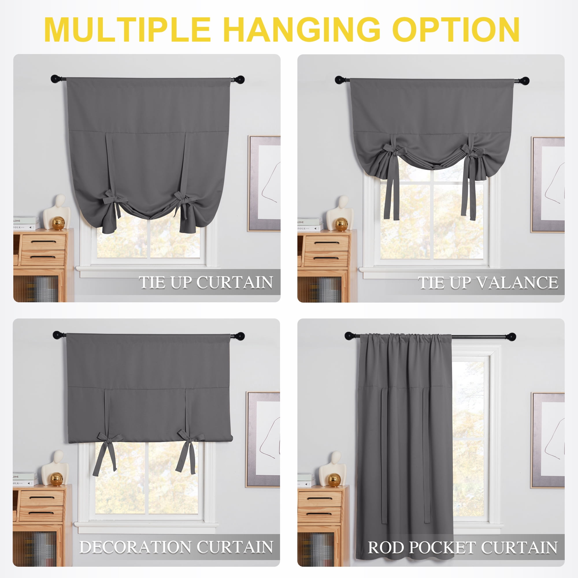 NICETOWN Tie Up Blackout Curtain for Bathroom, Thermal Insulated Adjustable Balloon Roman Curtain Rod Pocket Room Darkening Valance Shade, Grey, 40"x54", 1 Piece