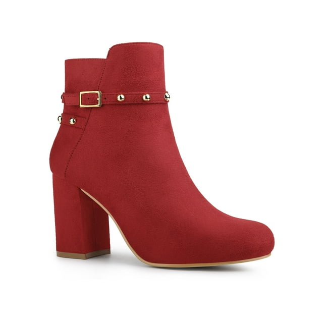 BLISSFUL STEP Women's Buckle Decor Block Heels Ankle Boots Red 7.5