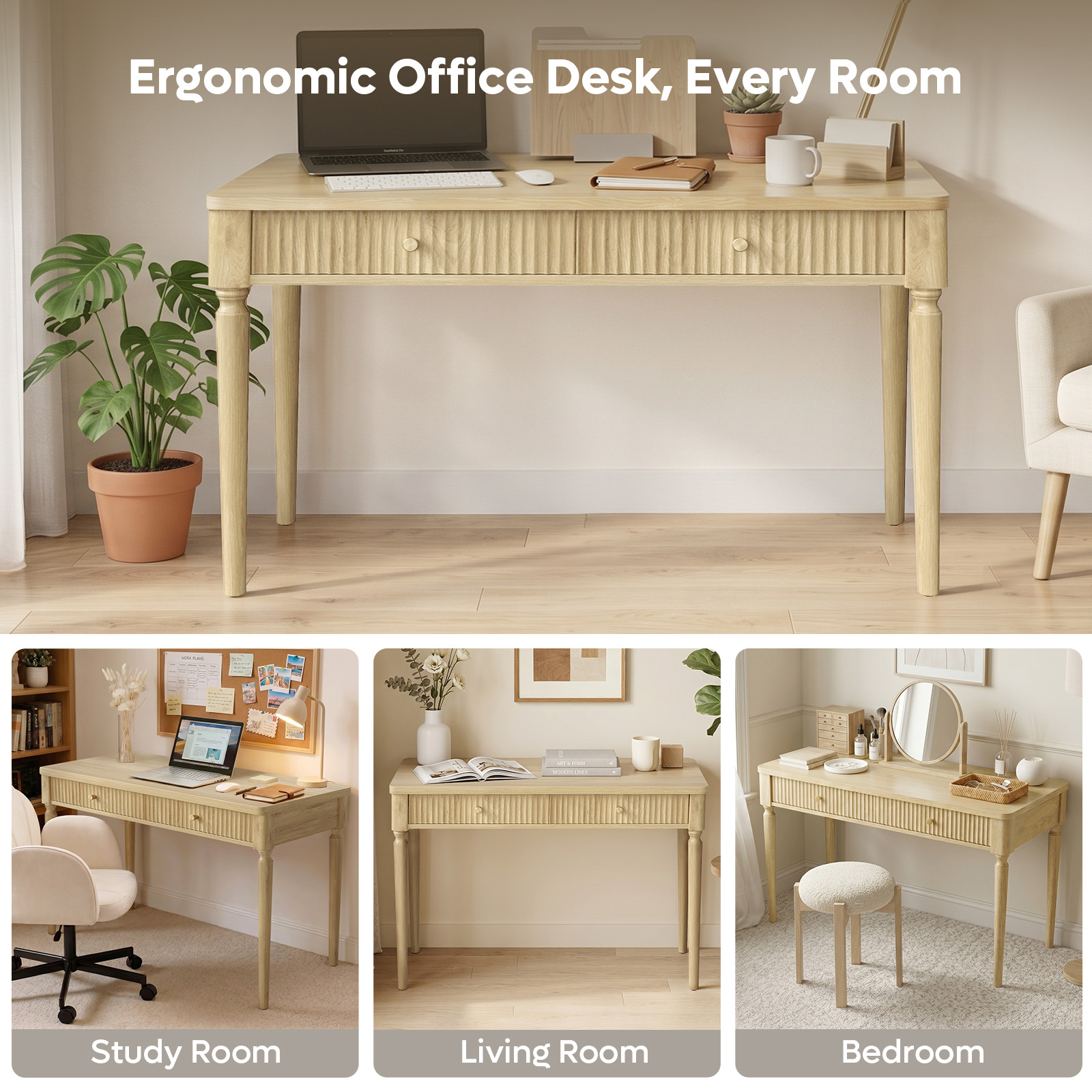 Bestier Wooden Writing Desk with Drawers, Natural Oak photo 4