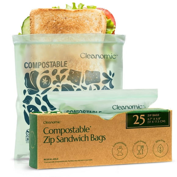 Bolsas compostables para almacenamiento de alimentos, tamaño sándwich, 25 unidades, Cleanomic