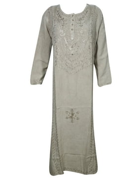 Mogul Women's Long Tunic Maxi Dress Enzyme Wash Rayon Comfy Silver Gray Embroidered Free Spirit Boho Dress