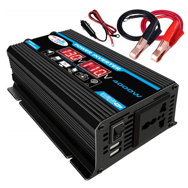 Lepmerk Smart LED Display Car Power Inverter with 300W Output, 1 Universal Socket, 2 USB Fast Charging Ports, DC 12V to AC 110V/220V, ABS Material, Compact Design, Includes Battery Clips and