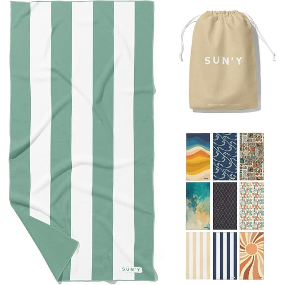 Waffle Microfiber Beach Towel – Sand Free, Quick Dry, Ultra Absorbent, Lightweight & Compact Travel Towel with Carry Bag - Large (63” x 31.5”), Sea Green