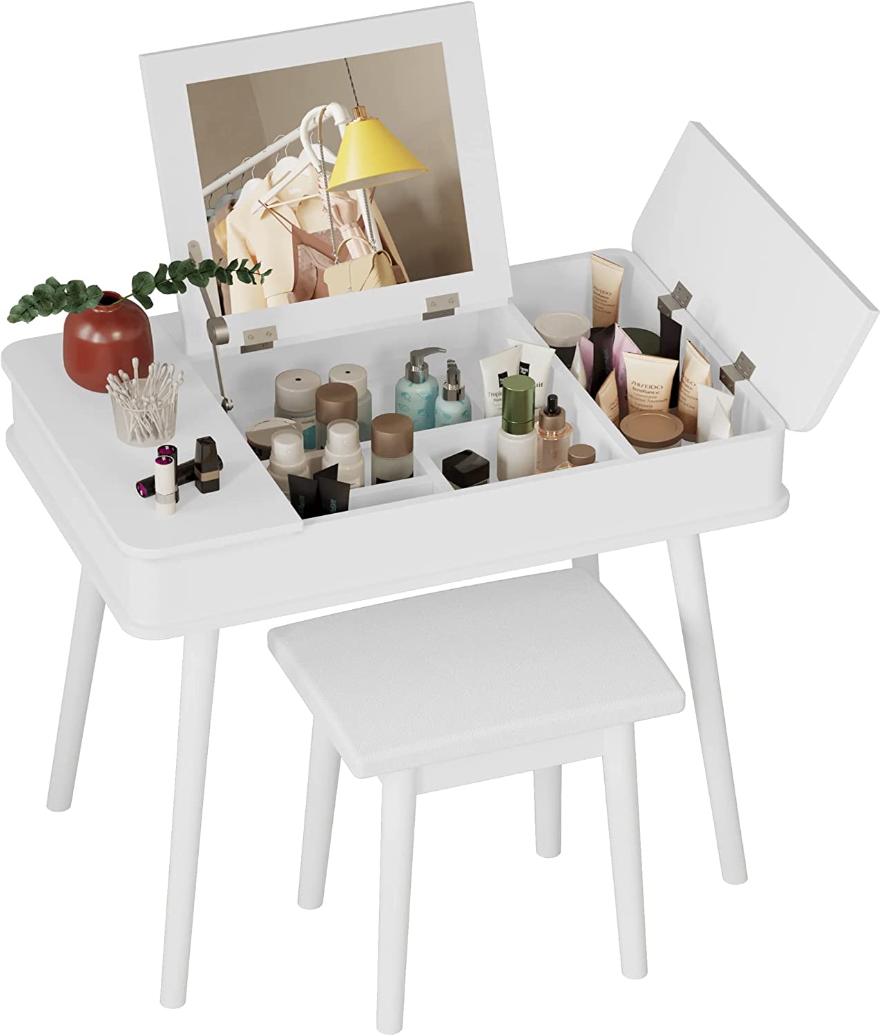 IRONCK Vanity Desk with Mirror and Stool, Flip Top Makeup Vanity Table