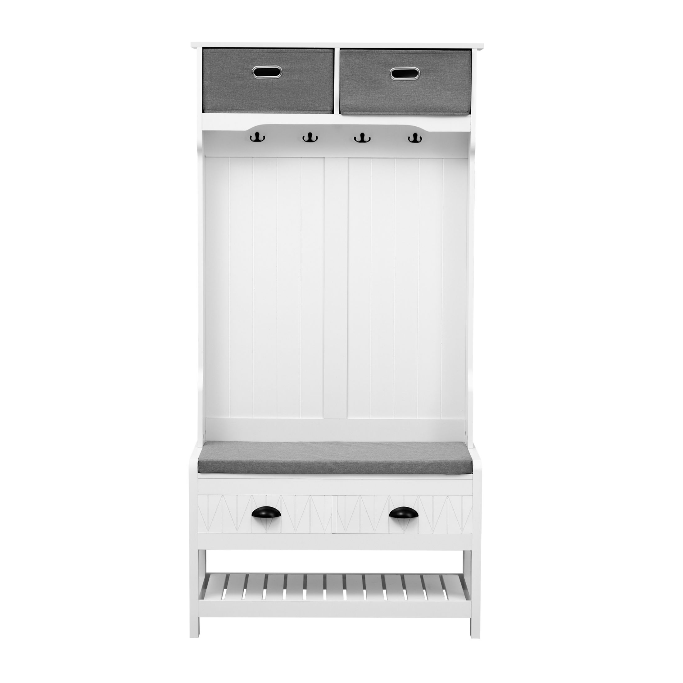 DEALTOPS Modern Hall Tree with Soft Bench and Movable Storage Boxes, Entryway Coat Racks with Drawers, White