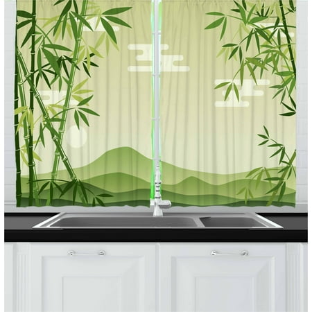Outdoor Bamboo Curtain Green Leaf Curtains 2 Panels Set, Abstract Bamboo Trees in Japanese Forest Botanical Oriental Outdoors, Window Drapes for Living Room Bedroom, 55W X 39L Inches, Lime Green Pale Green, by Ambesonne ()