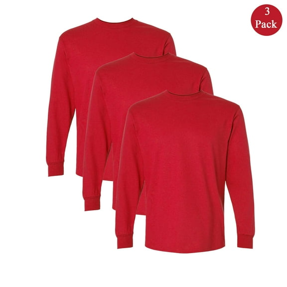 Gildan Ultra Cotton Long Sleeve T-Shirt, Men's Crew Neck Classic Fit Red Durable Bulk Tee 3-Pack S