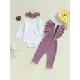 thumbnail image 2 of Nygoyerh Newborn Baby Girls Outfit Long Sleeve Romper + Ruffle Trim Overalls + Headband 3PCS Set Cute Infant Clothing 3M 6M 9M 12M 18M, 2 of 7