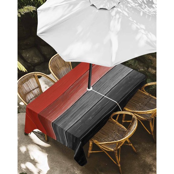 Outdoor Tablecloth with Umbrella Hole, Farmhouse Red Black Gradient Wooden Zippered Table Cloth for Rectangle Tables, Rustic Ombre Wood Plank Washable Waterproof Tablecloths for Picnic Patio Garden