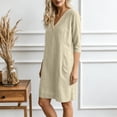 thumbnail image 6 of Vetsdori Women's Solid Color V-Neck Lace 3/4 Sleeve Linen Shift Dress Casual Flowy Summer Casual, 6 of 9