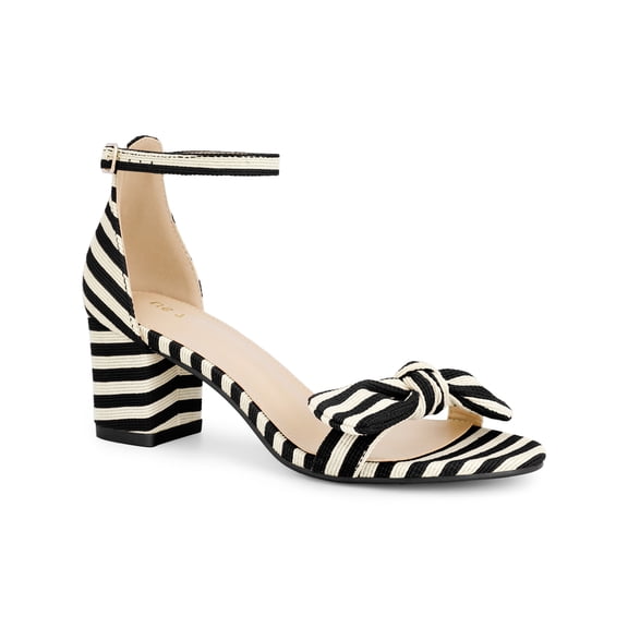 BLISSFUL STEP Bow Ankle Strap Stripe Block Heel Sandals for Women Black (Size 8.5)