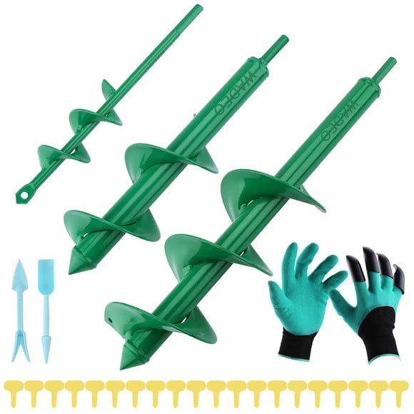 WADEO Ensemble de Forets Tarières, 3 Pcs Perceuse à Trous en Spirale pour Jardinière, Tarière à Ampoules pour Perceuse Sans Fil, Tarière à Saleté avec Gants Garden Genie, 20 Pcs Plante