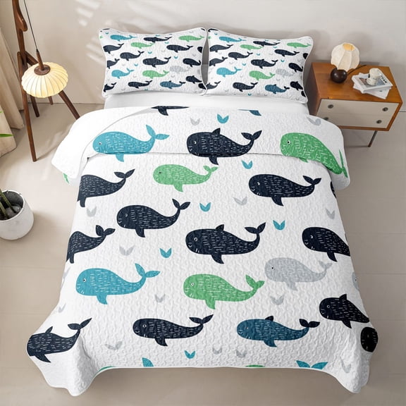 Manfei Colorful Whale Twin Quilt Set for Boys and Girls, Sea Animal Twin Coverlet Set, 2pcs