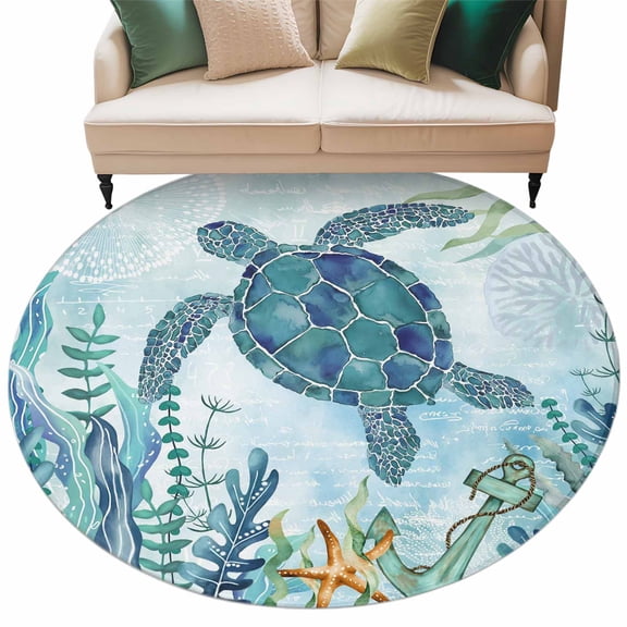Round Rugs 7 Ft, Teal Green Sea Turtle Non Slip Area Rugs for Kitchen Bedroom Entryway, Coastal Summer Beach Seaweed Washable Carpet Runner Rug Floor Mats for Bedroom Home Decor