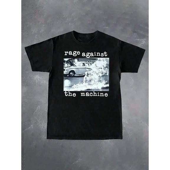 Men's 100% Cotton Vintage Graphic T-Shirt - "Rage Against The Machine" Distressed Print, Lightweight 180gsm Short Sleeve Round Neck Tee For Summer Casual Wear