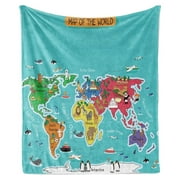 YOSITiuu World Map Throw Blanket, Colorful Map Playroom Theme Cartoon Continents, Flannel Fleece Accent Piece Soft Couch Cover for Adults, 50" x 60", Yellow Blue
