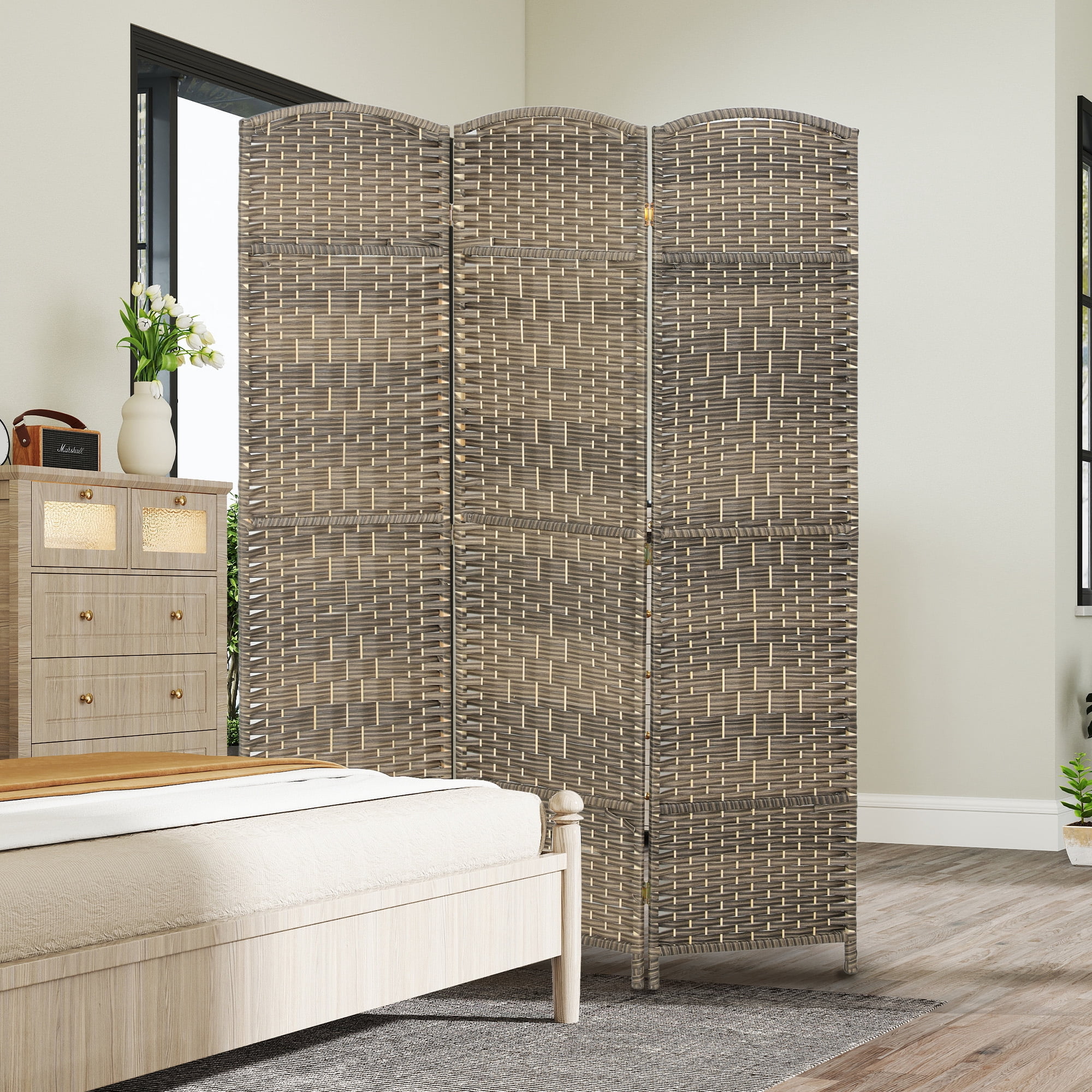 HOMCOM 3 Panel Room Divider, 6' Tall Folding Privacy Screen, Hand-Woven Freestanding Wood Partition for Home Office, Bedroom, Dark Rustic Oak