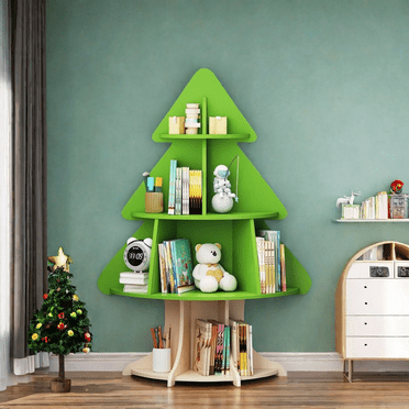 MIDODO Tree Kids Bookshelf, Toddler Bookcase 4-Tier Baby Book Rack Children Toy Storage Organizer Wood Display Shelf Boy Girl Gift