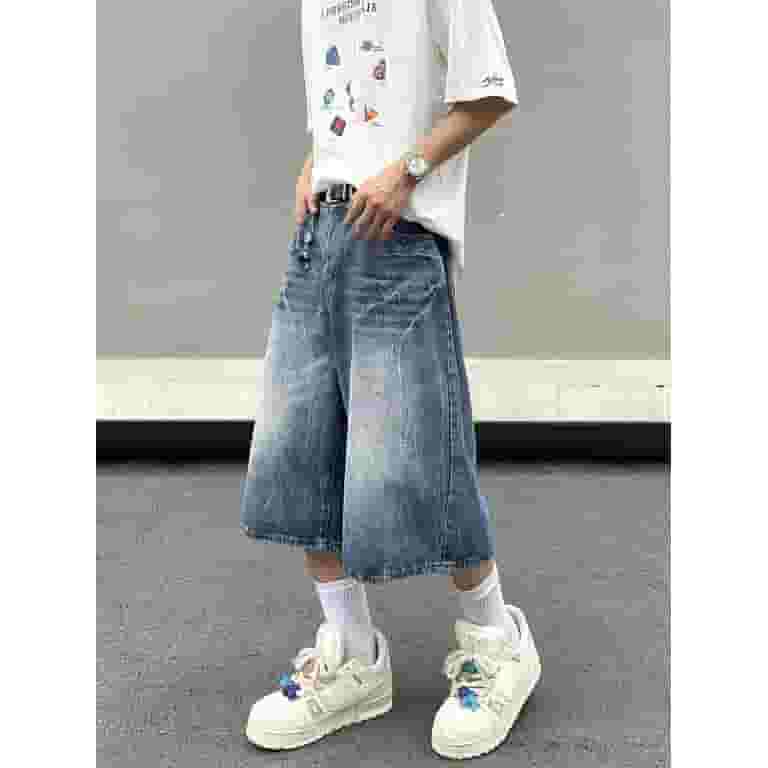 【DISCERNMENT】Fold Denim Crop Bermuda Pants Lightning Patterned Jorts Loose Cropped Denim Shorts for Men