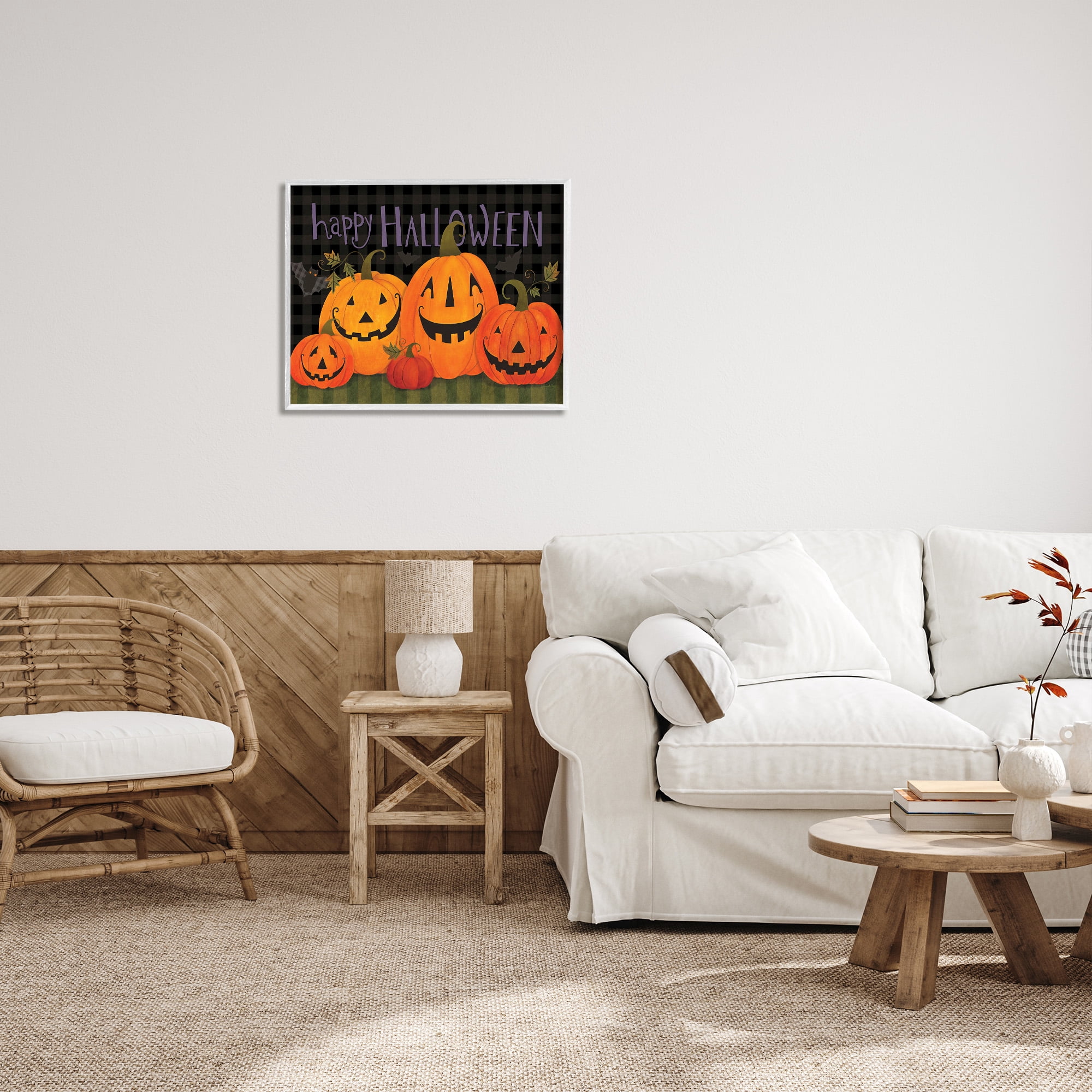 Stupell Industries Halloween Smiling Jack-o-Lanterns Holiday Painting White Framed Art Print Wall Art, 30 x 24