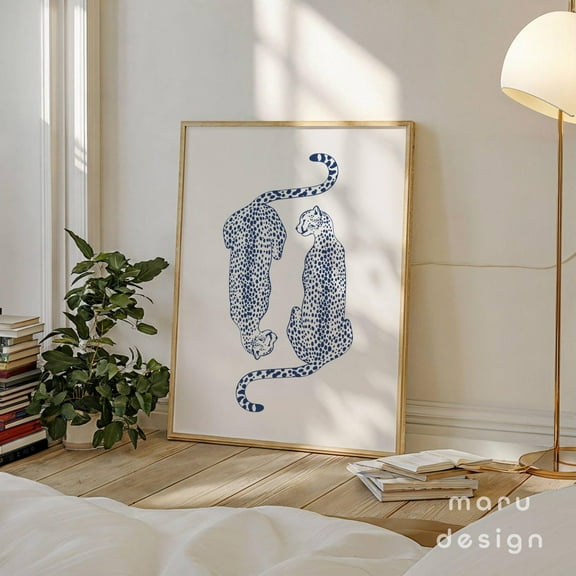 Navy Blue Cheetah Wall Art, Retro Funky Print, Aesthetic Preppy Poster, Cute Apartment Decor, Girly College Dorm, Leopard Artwork Wall Art, Modern Wall Decor, 8x12 UNFRAMED