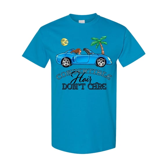 Inktastic Convertible Hair Don't Care with Brown Hair and Blue Car T-Shirt