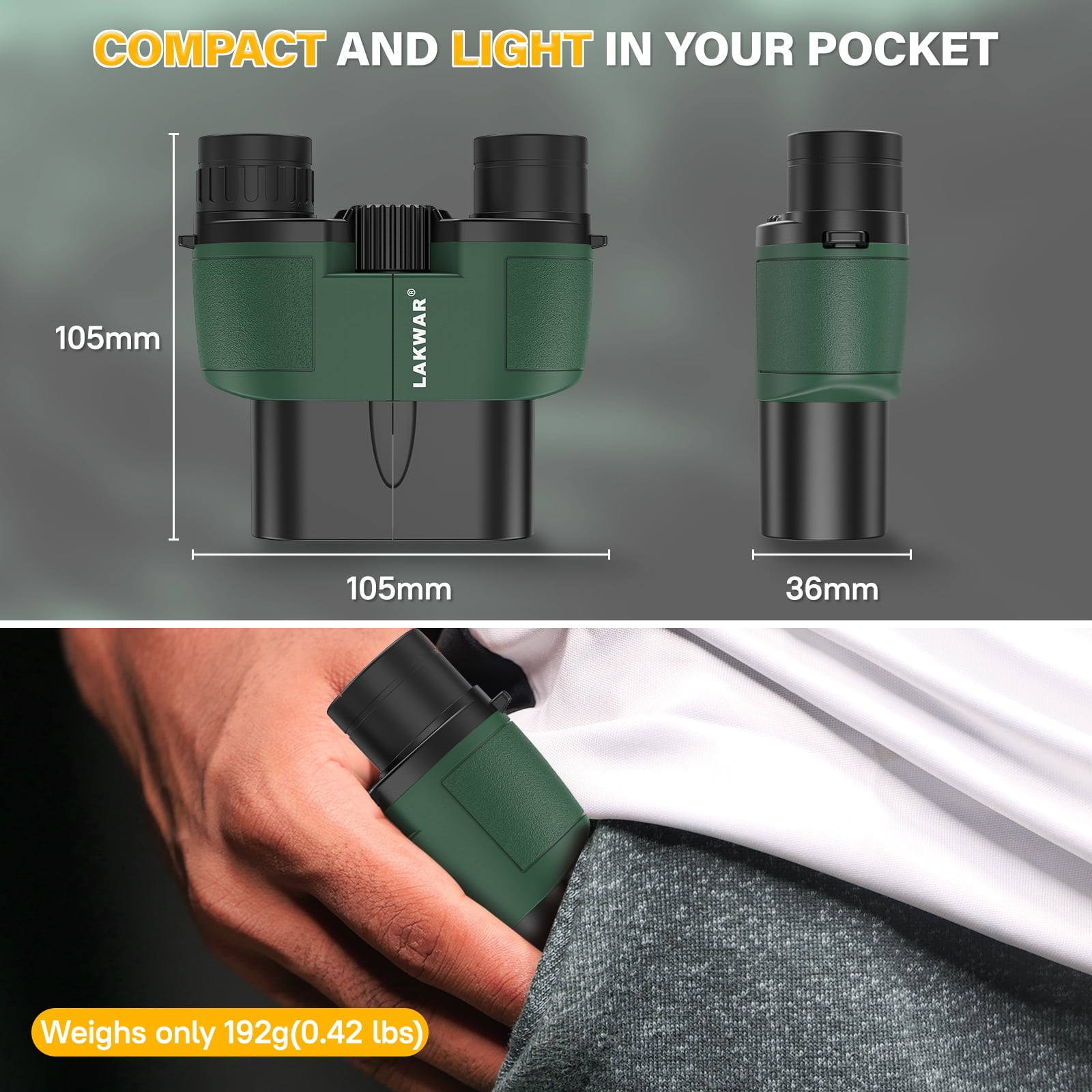 LAKWAR 10x25 Compact Binoculars for Adults and Kids，Small Portable Binoculars Lightweight for Bird Watching Hunting-Green