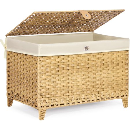 Wicker Storage Basket with Lid Rattan Shelf Basket with Removable Liner Bag 160L Storage Bin Storage Trunk with Heightened Feet Storage Container for Wardrobe Home Organizer