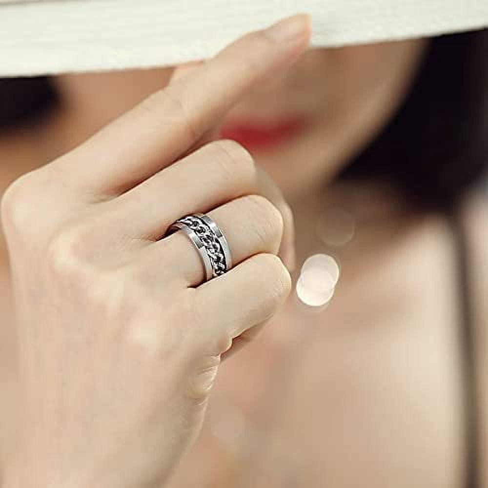 Anxiety Fidget Spinner Rings for Men Male 14K Yellow Gold Rotatable Chain Ring for Women Punk Rock Anti Stress Jewelry