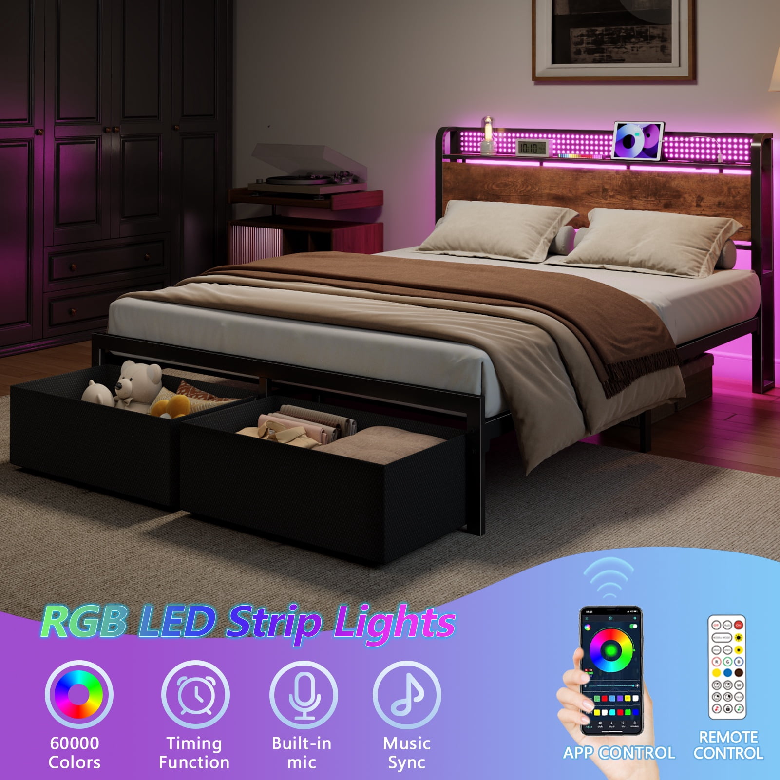Satifur Farmhouse Queen Bed Frame with 2 Storage Drawers and Headboard, No Box Spring Needed