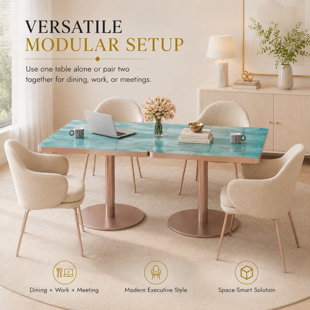 Aukfa 31.5" Square Dining Table for 2-4, Marble-Look Sintered Stone Top, Rose Gold Pedestal Base, Small Spaces,Emerald Green