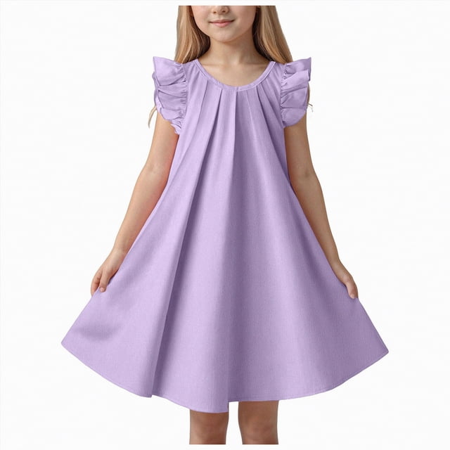 Gubotare Robe Enfants Tout-Petits Bébé Fille Imprimé Manches à Volants Nœud en Tulle Robe Filles Robes de Fête 2T 3T (Violet,2-3 Ans)