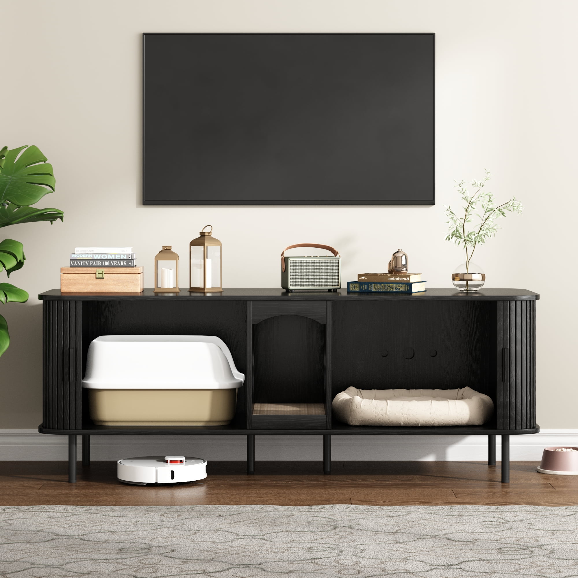 PieDle 59'' Large Cat Litter Box Enclosure with Sliding Tambour Door, Hidden Litter Box Furniture, Wood Cat Litter Box Cabinet with Cat Scratch Pad