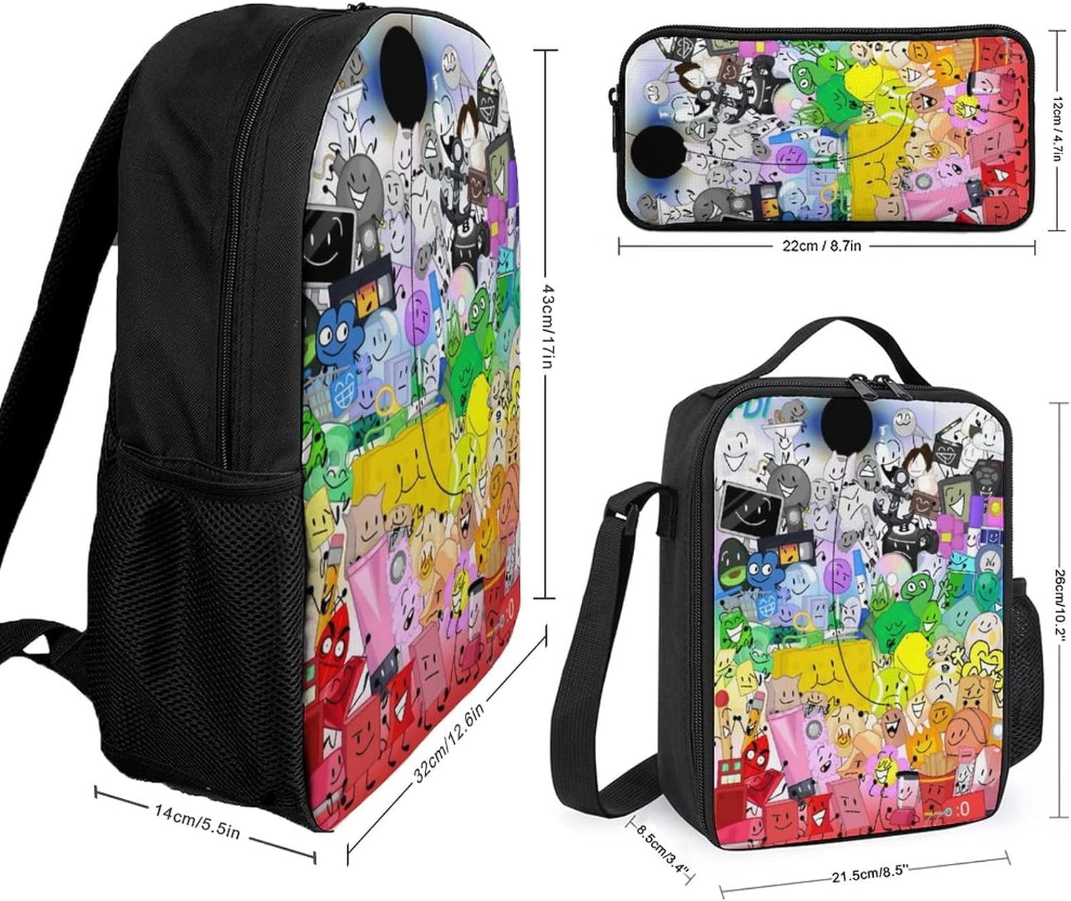 Battle for Dream Island Backpack BFDI Bookbag Casual 3 in 1 Backpack Set Anime Bookbag With Lunch Box And Pencil Case, Black