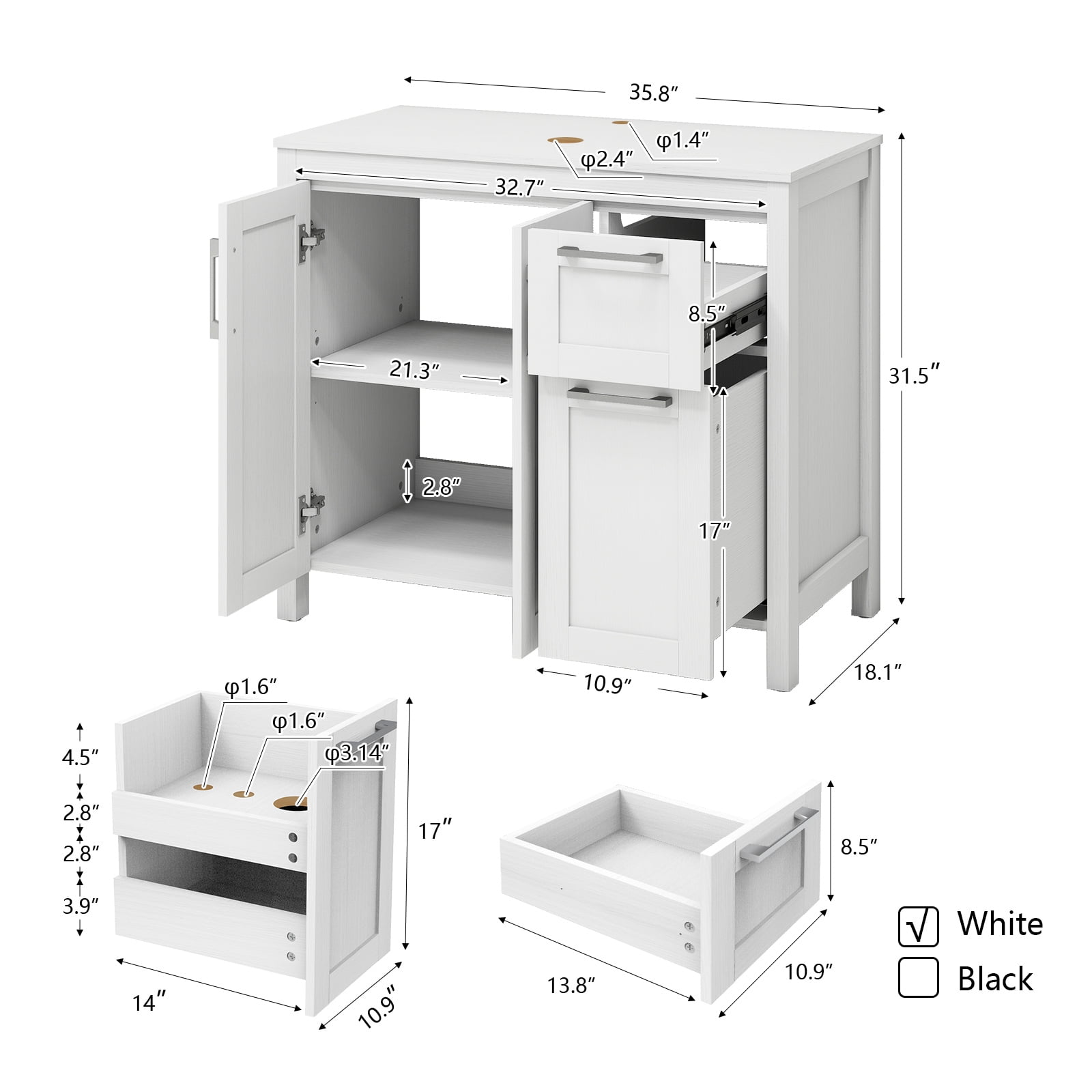 ELECWISH 36 Inches Traditional Bathroom Vanity in White Finish, Single Bathroom Vanity with Top, 2-Door Cabinet and 2 drawers