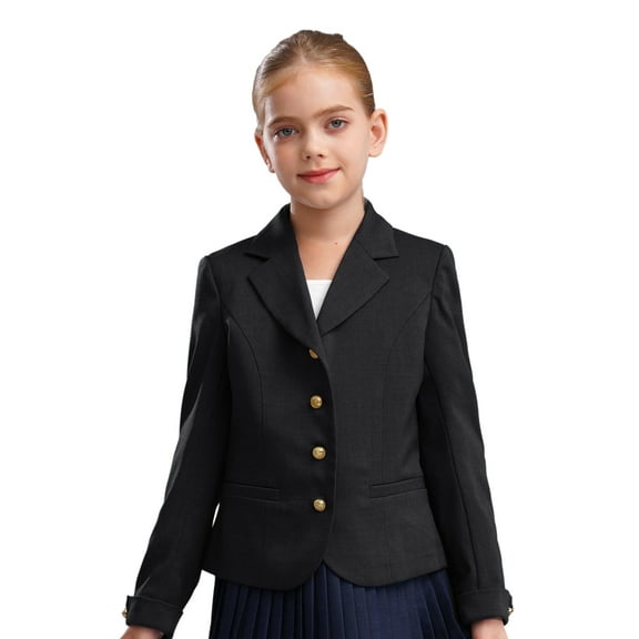 inlzdz Kids Girls Lapel Suit Dress Tops Formal Blazer Jacket Long Sleeve Solid Color Coat Outerwear Black 10