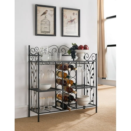 TYUIOP - Metal Console Table Wine Rack, Liquor Bar Cabinet with Glass Holder, Sofa Table with Storage Shelves for Bar, Buffet, Living Room Black