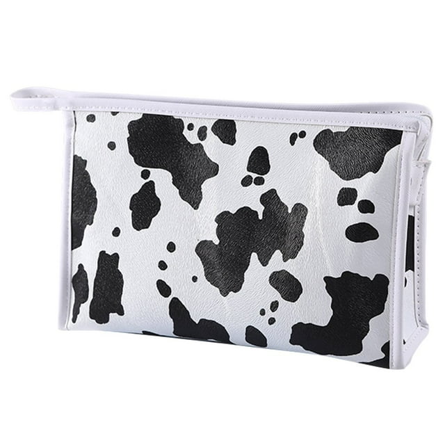 Makeup Bag - Waterproof Portable Cosmetic Pouch - Cute Toiletry Travel Bag with Zipper - Reusable Cow Pattern Make up Case Organizer for Purse