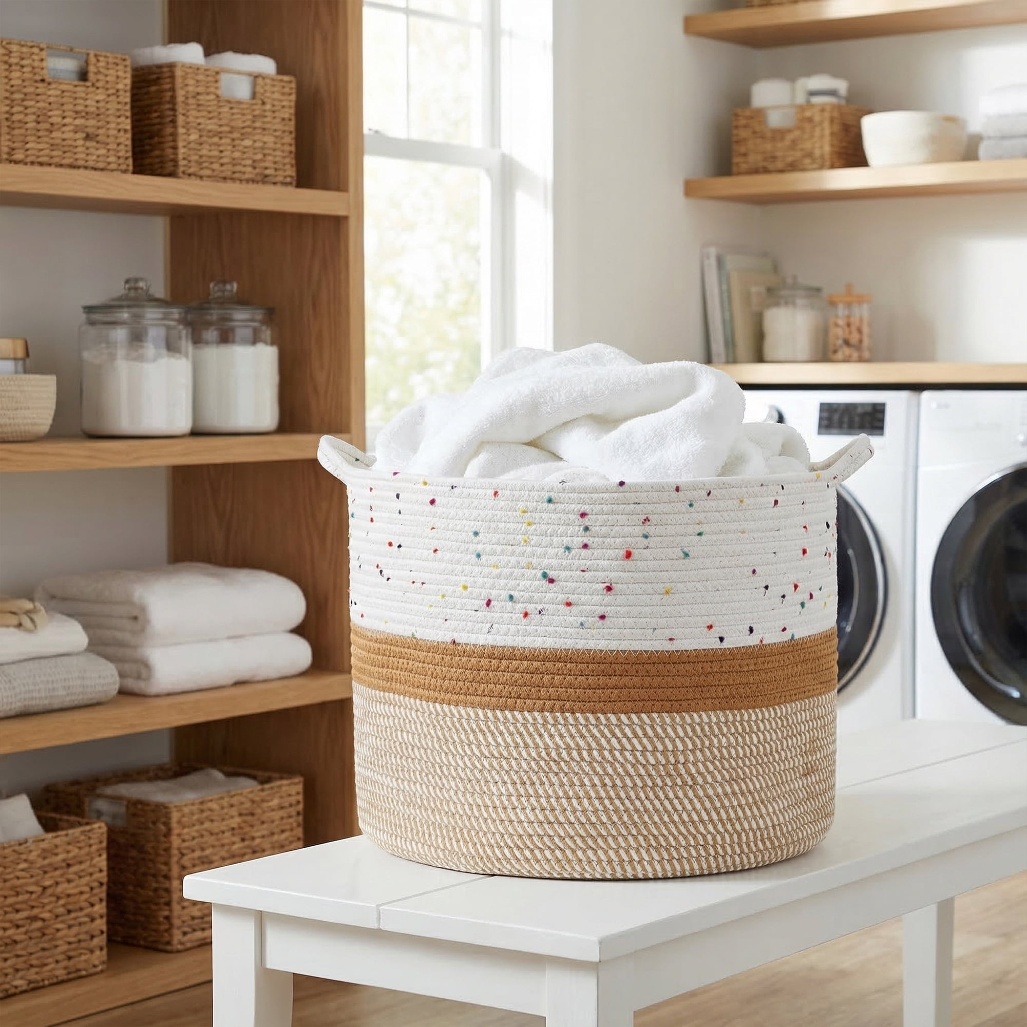 Unique Bargains Multiple Use Woven Storage Bin for Home White Brown 15.7*15.7*11.8in