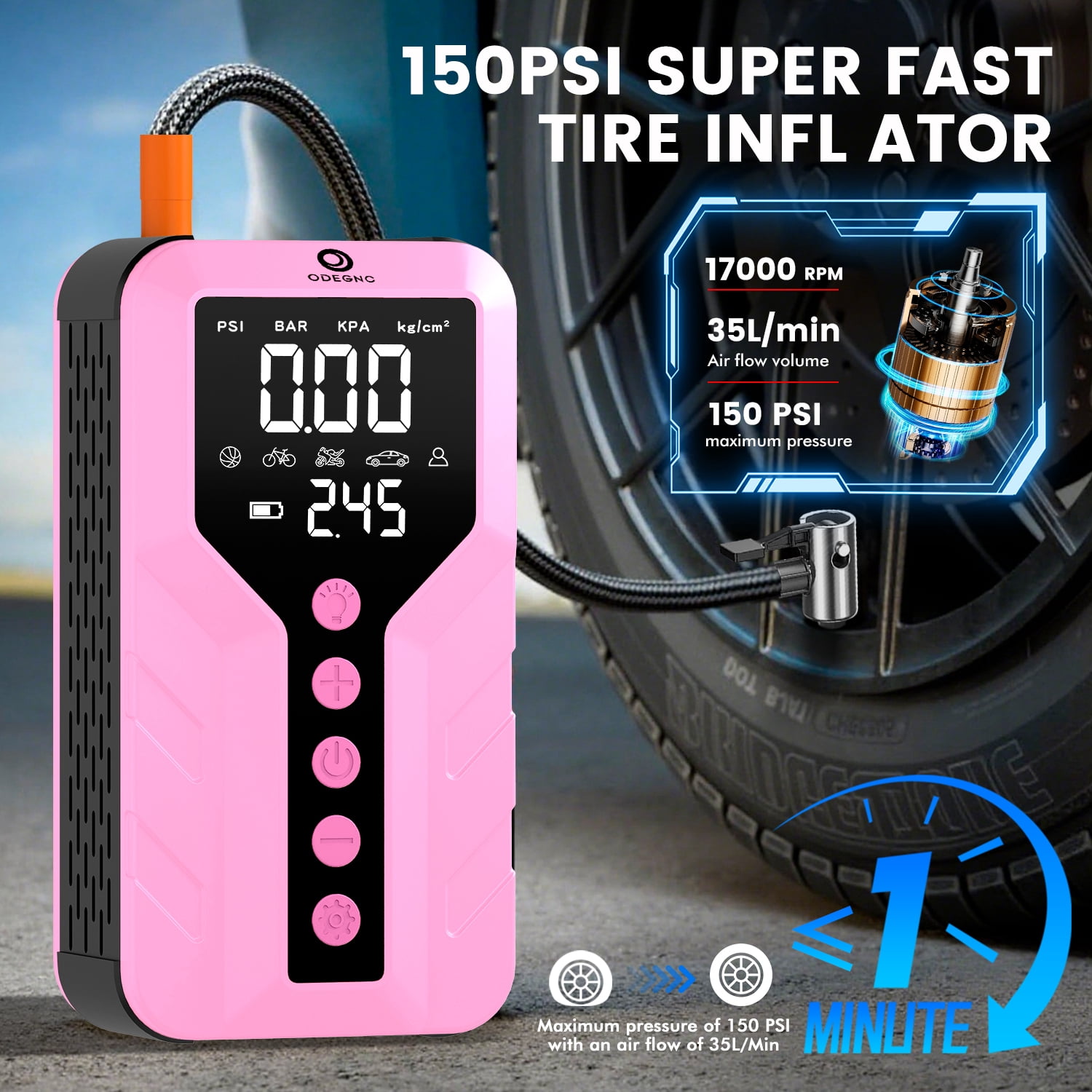 ODEGNC 6000A 25000mAh Jump Starter 150PSI Air Compressor Battery Booster Car Truck SUV LED Light USB Quick Charger