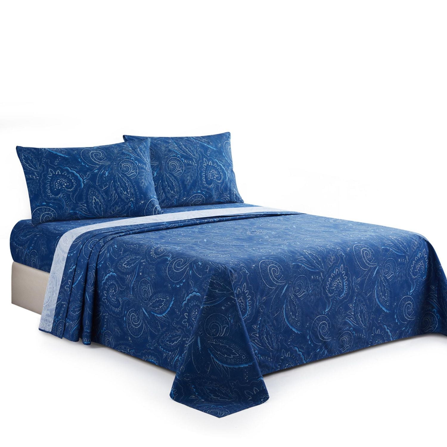Literie toutes saisons en percale de coton à fibres longues, 600 fils au pouce carré, motif cachemire bleu marine, motif cachemire bleu marine