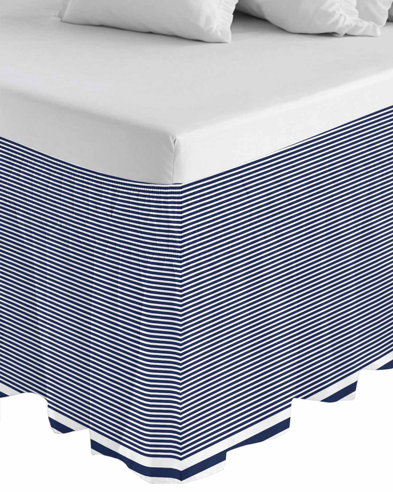 Farmhouse Navy Blue White Striped Bed Skirt King Size, Modern Stripes Wrap Around Bed Skirting with Adjustable Elastic Strap, Dust Ruffle Pleated Bedskirts 16 Inch Drop for Bedroom King Beds