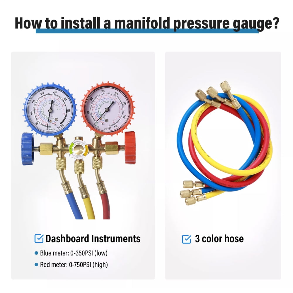 AC Manifold Gauge Set, 3 Way Car HVAC R134a R404a Refrigerant Charging Tool Kit, with 3FT Hose Quick Coupler Adapter Can Tap Case, for Auto Air Conditioner Freon Diagnostic Test and Recharge
