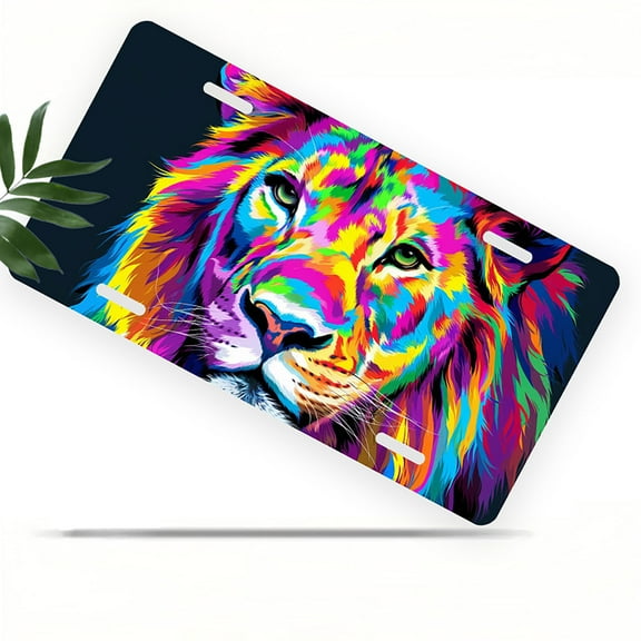 License Plate, Colorful Lion Decorative Front,Personalized Stainless Steel License Plate Cover For Men Women,12.2" X 6.2"