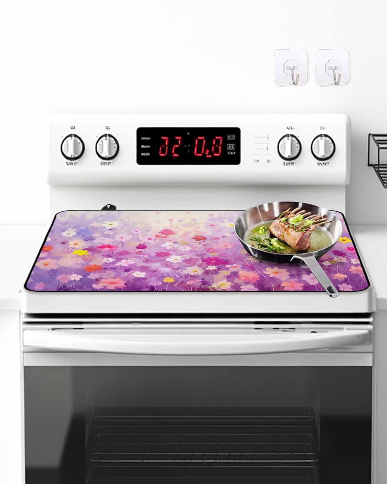 Stove Top Covers for Electric Stove, Pink Spring Floral Glass Stovetop Cover Protector, Summer Daisy Botanical Oil Painting Induction Cooktop Protector Oven Mat for Kitchen Countertop 36"x21"