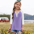 thumbnail image 3 of Cowsor Girl's Casual 3/4 Sleeve T Shirts Button V Neck Tunic Blouses Color Block Basic Tee Tops Loose Fit Summer Shirt, 3 of 6