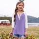 thumbnail image 3 of Cowsor Girl's Casual 3/4 Sleeve T Shirts Button V Neck Tunic Blouses Color Block Basic Tee Tops Loose Fit Summer Shirt, 3 of 6